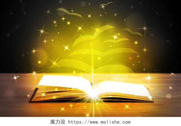 用黄金般的光芒飞纸页木甲板上打开的书学习提升